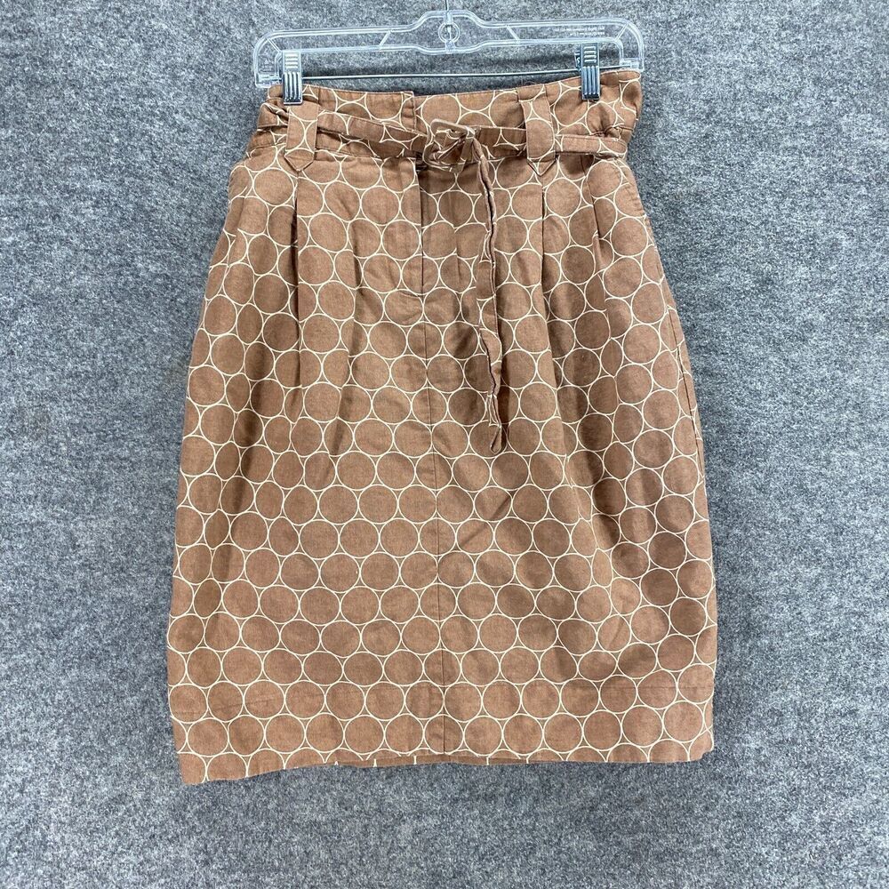 5/$45 Apostrophe Skirt Women 4 Brown Geometric A-Line Midi Belted Linen Pockets